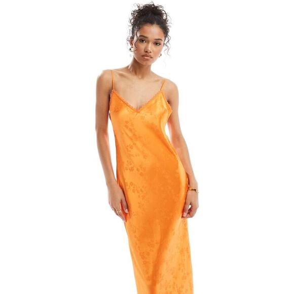 Miss Selfridge Women's Orange Satin Jacquard Strap Back Maxi Slip Dress Size 4 - Picture 3 of 12